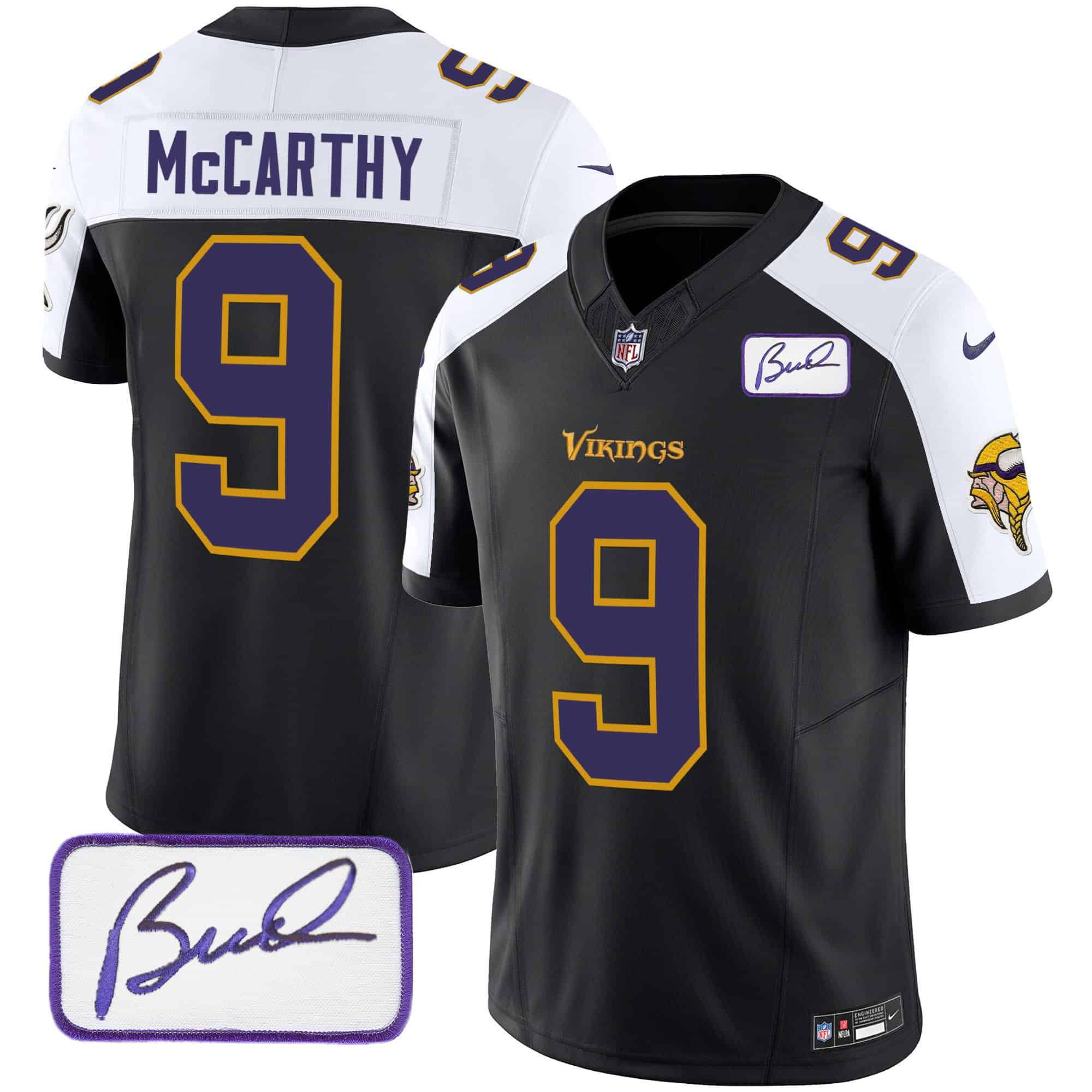 Men Minnesota Vikings #9 Mccarthy Black 2024 Nike Bud Grant Patch Classic Limited NFL Jersey